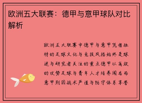欧洲五大联赛：德甲与意甲球队对比解析